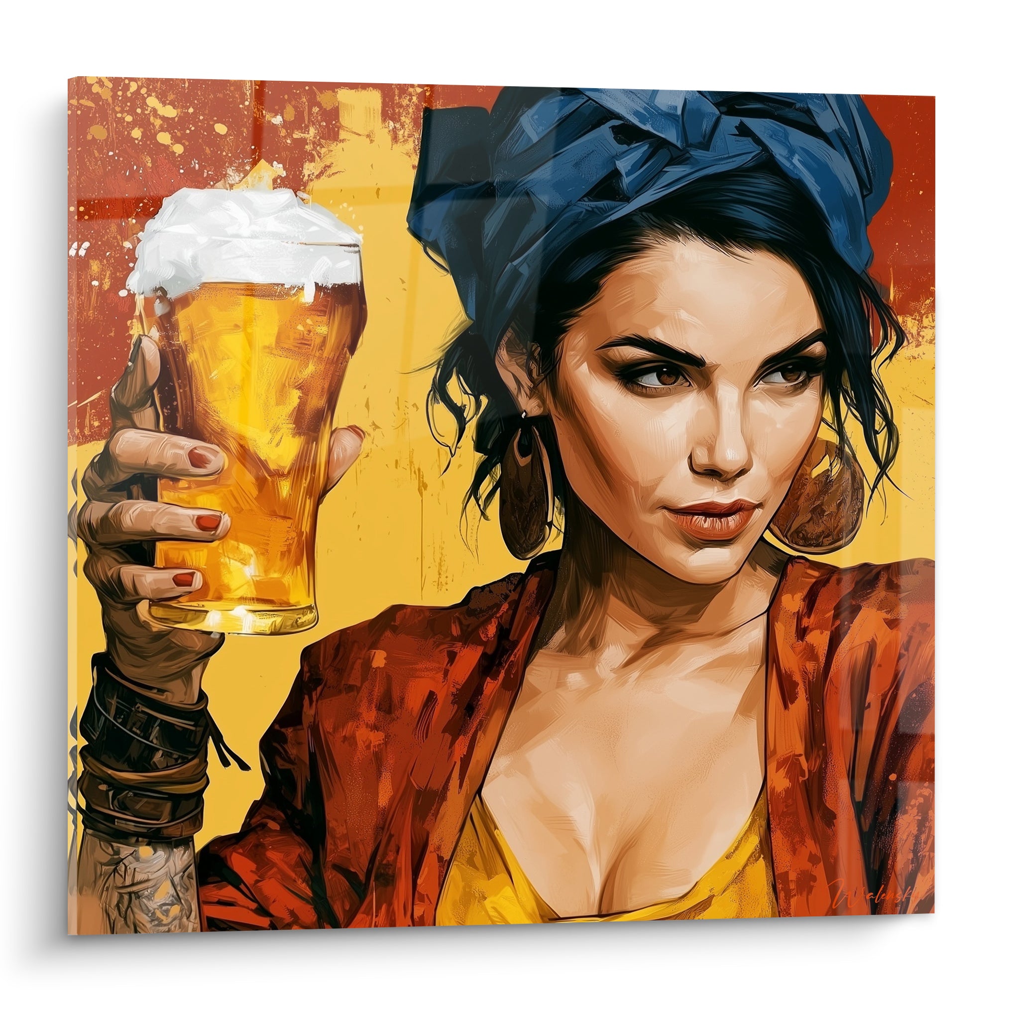 Femme au bandana bleu marine levant une chope de bière dorée, portrait peint aux tons ocre