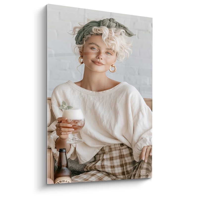 Tableau Femme blonde aux teintes beige et vertes savourant une bière - Pause tranquille - Edition Bière