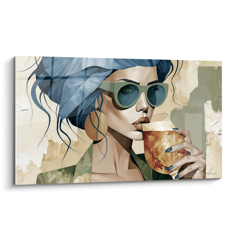 Tableau Femme aux cheveux bleus buvant un verre - Gorgée d'élégance - Edition Bière