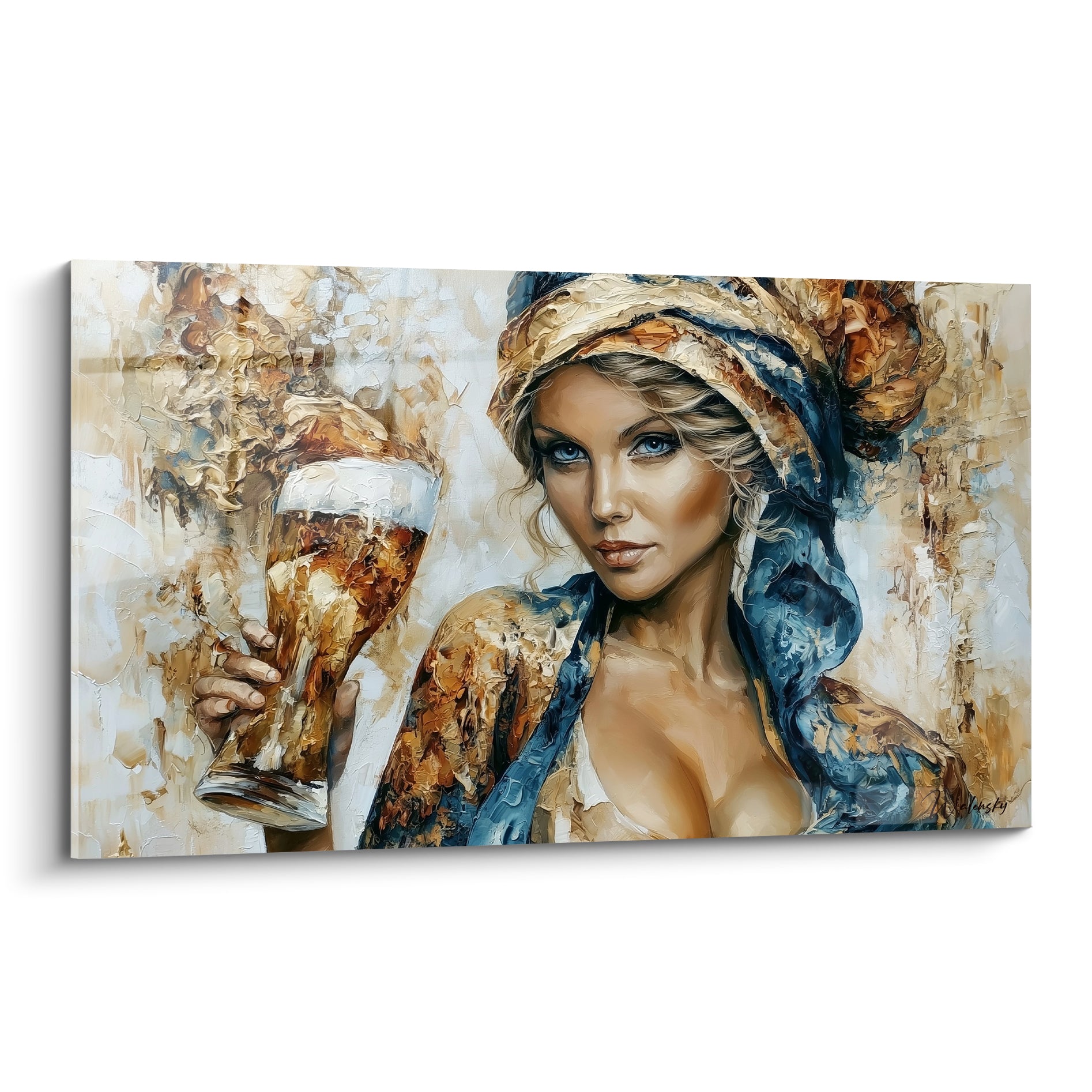 Femme au foulard bleu marine et doré levant un verre de bière ambré, portrait texturé