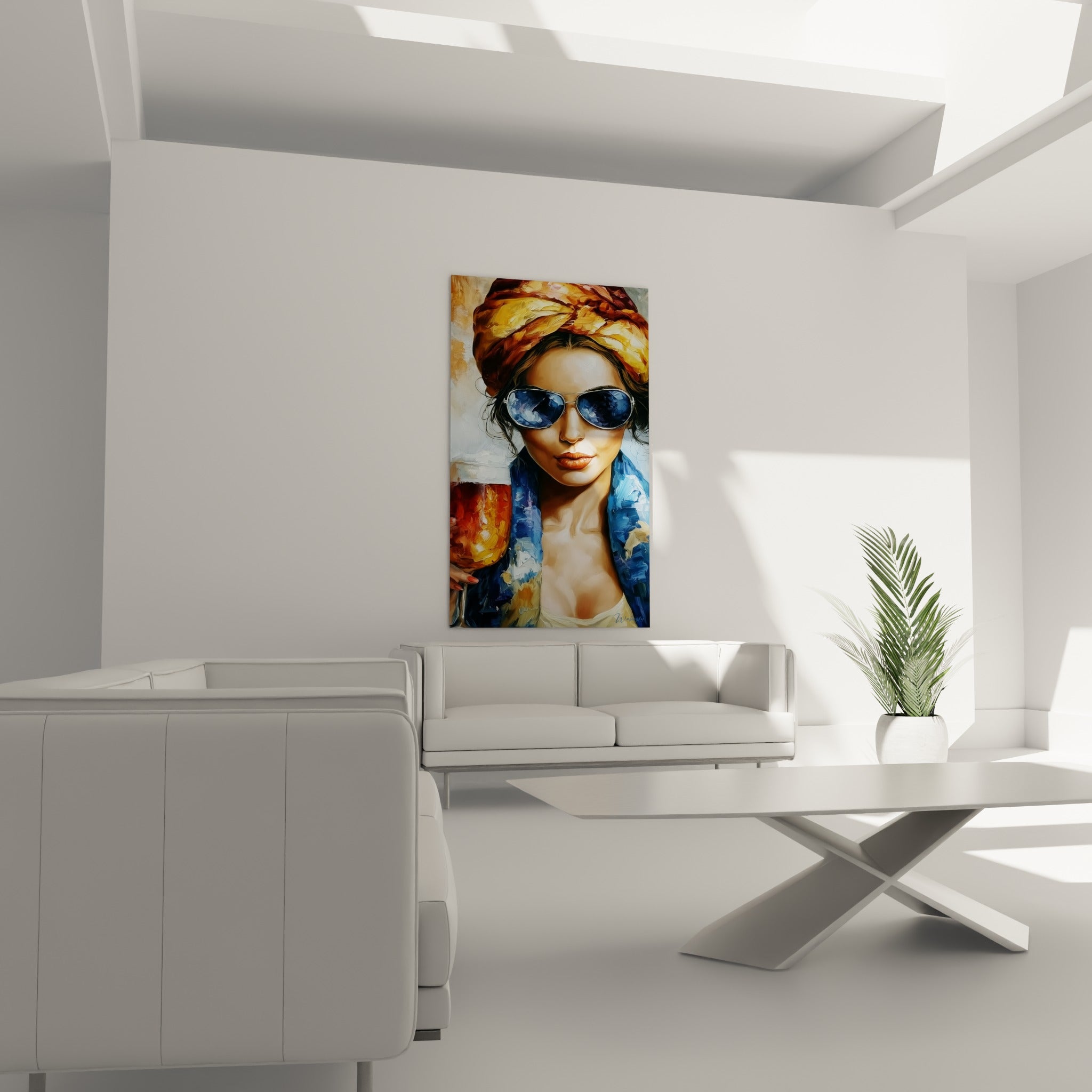 Femme aux lunettes bleu marine et verre de bière ambrée, tableau placé au-dessus d'un canapé dans un salon lumineux