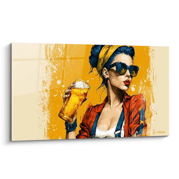 Cuadro Mujer cabello azul chaqueta naranja y pinta - Bandana amarilla y gafas - Edición Cerveza