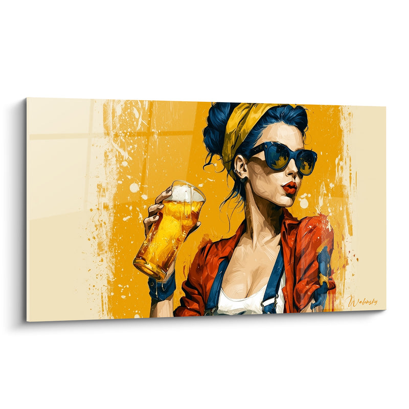 Tableau Femme cheveux bleus veste orange et pinte - Bandana jaune et lunettes - Edition Bière