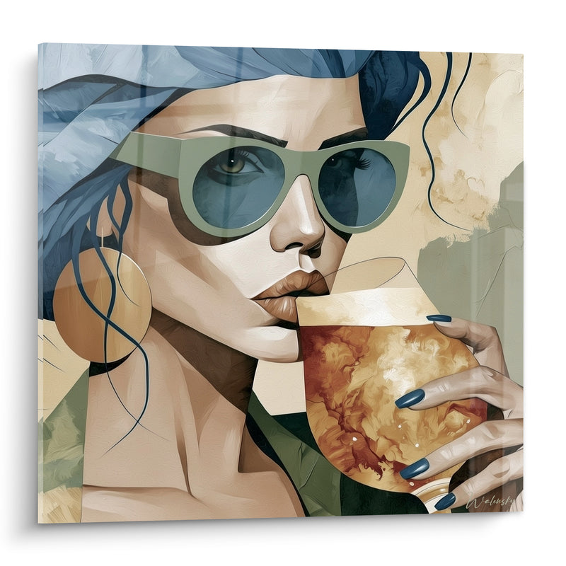 Tableau Femme lunettes vertes buvant un verre ambré - Boucle d'oreille dorée ronde - Edition Bière