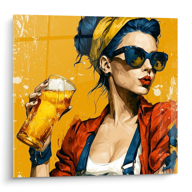 Tableau Femme jaune et rouge verre à la main - Trinquer sans détour - Edition Bière