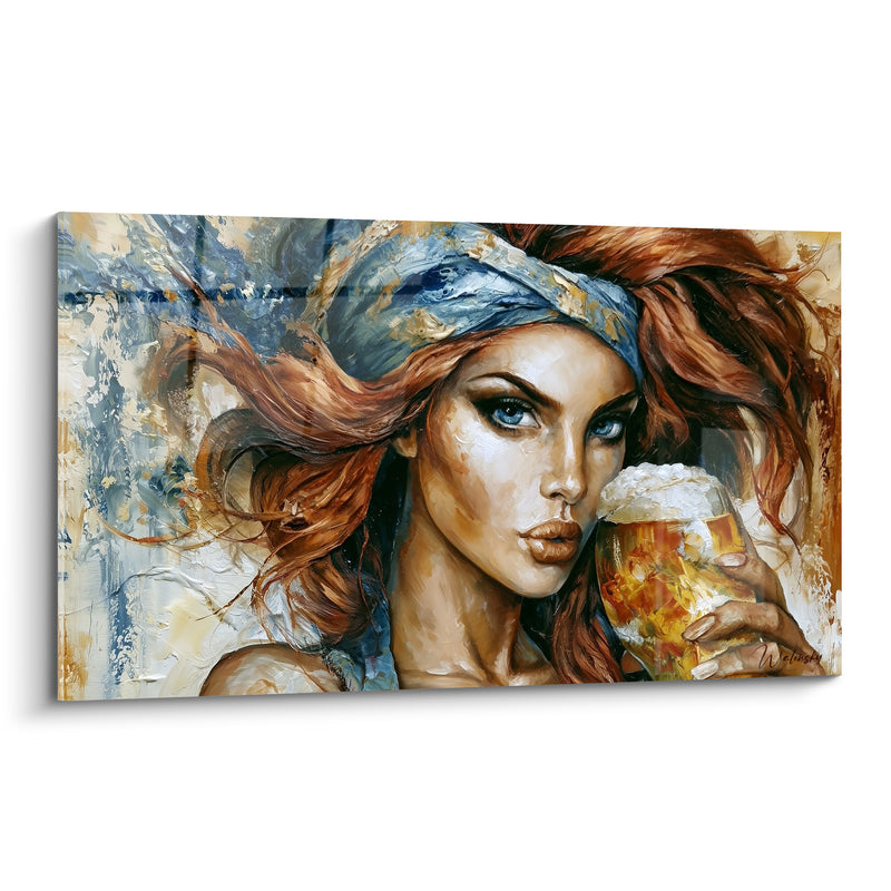 Tableau Femme rousse aux yeux bleus dégustant - Gorgée de désir - Edition Bière
