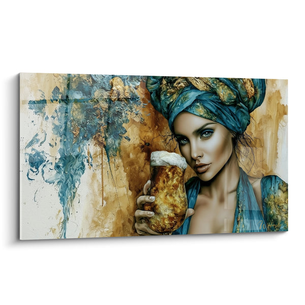 Cuadro Mujer con Turbante Sosteniendo una Copa Dorada - Instante de Seducción - Edición Cerveza