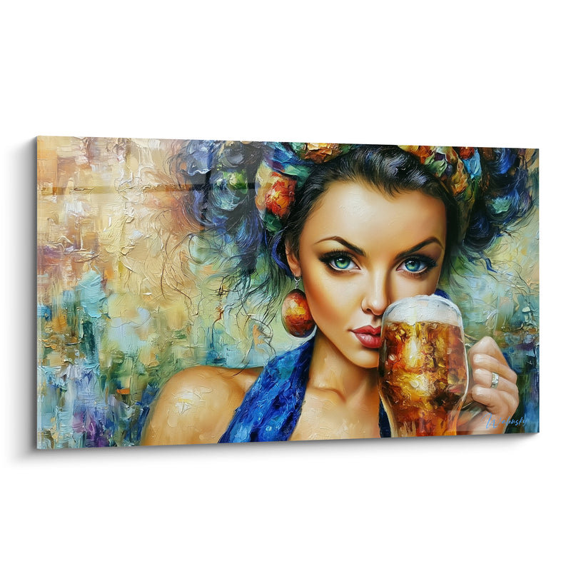 Tableau Femme aux yeux verts et foulard bleu - Gorgée complice - Edition Bière