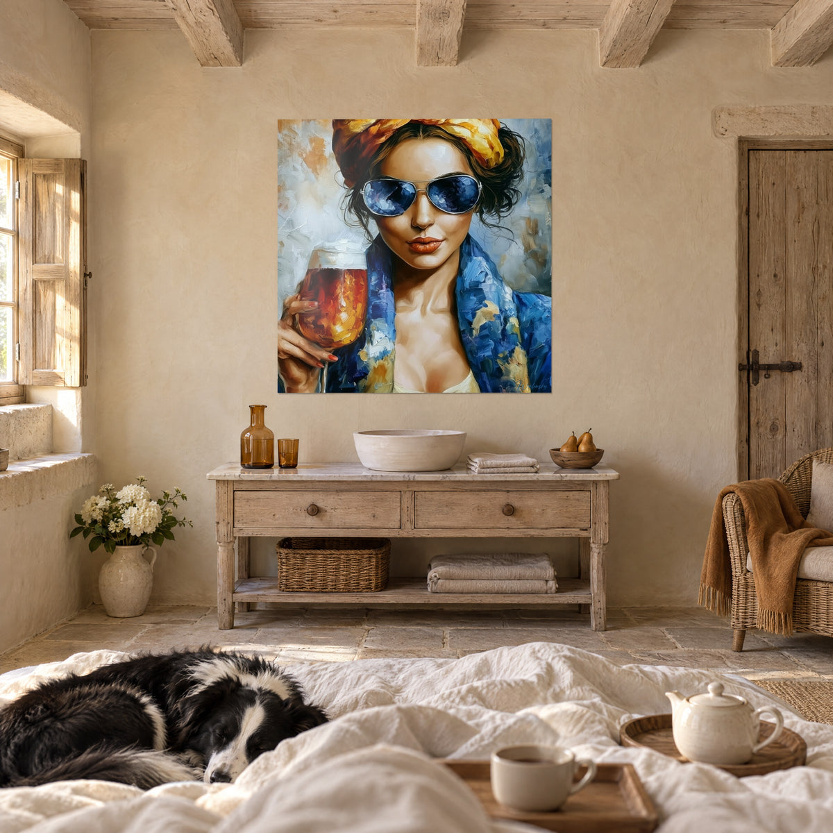 Cuadro de una dama con pañuelo de seda dorado y gafas azuladas levantando una copa cobriza, encima de una cama en un dormitorio luminoso