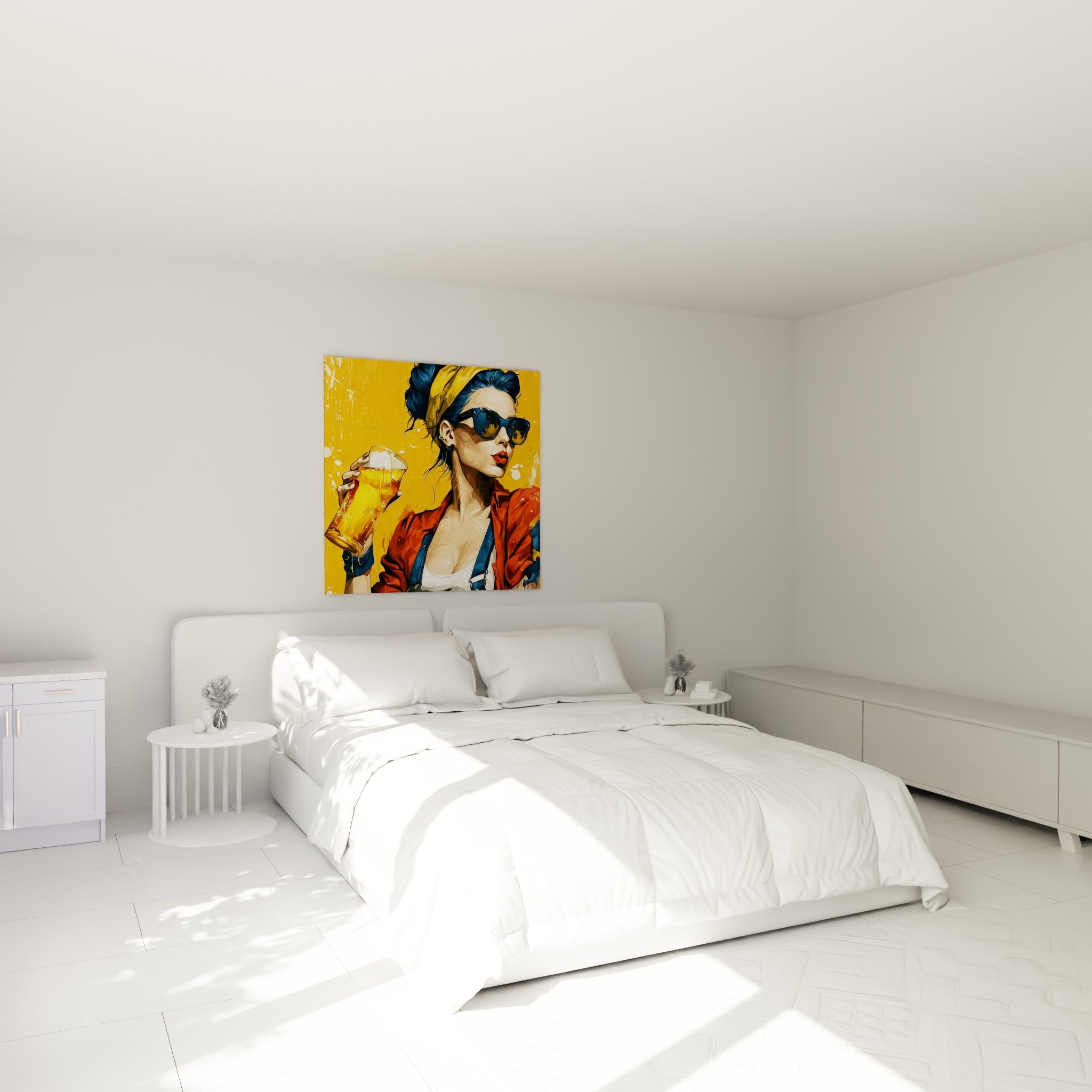 Portrait pop art rouge et jaune d'une femme buvant, au-dessus d'un lit dans une chambre claire