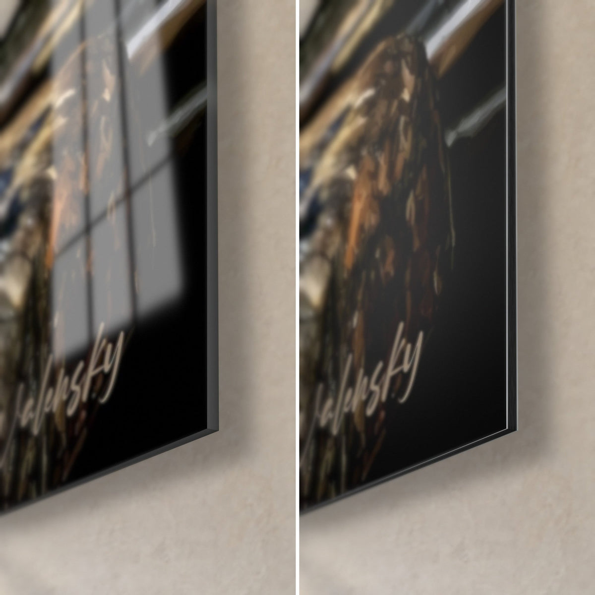 Tableau chope de bière dorée, coin bas droit : verre acrylique brillant à reflets, alu Dibond noir mat, tranche de 3 mm visible