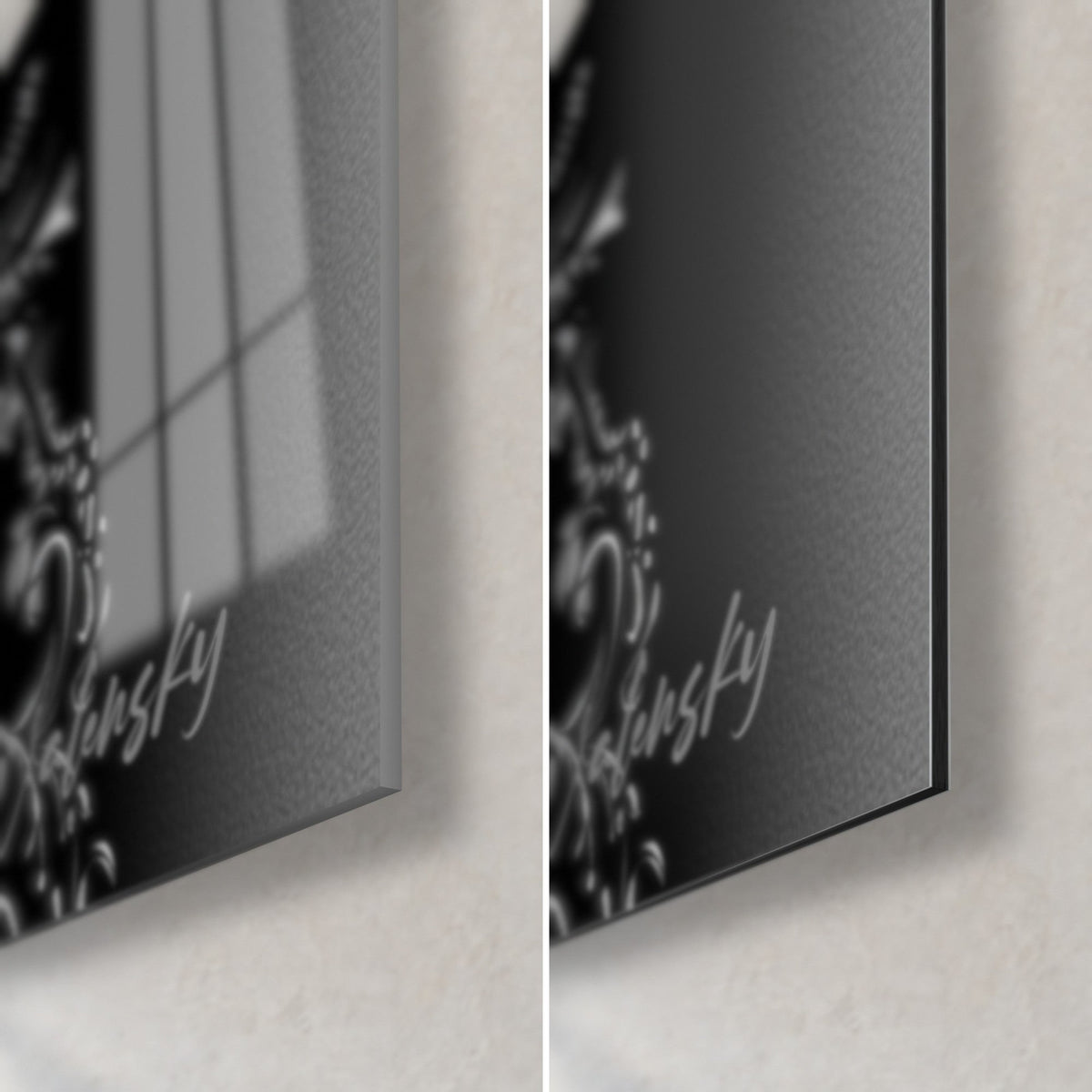 Tableau bière blonde et bouteille noire givrée, coin bas droit : verre brillant à gauche, alu Dibond gris mat à droite, tranche de 3 mm