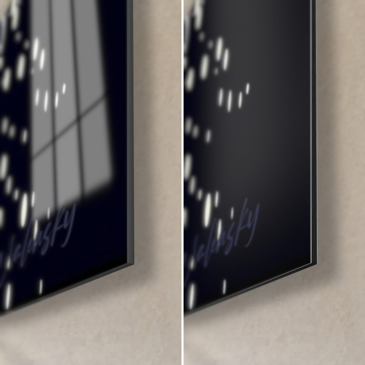 Tableau bock doré et gouttelettes blanches sur fond bleu nuit, coin bas droit en verre brillant et alu Dibond mat, tranche de 3 mm