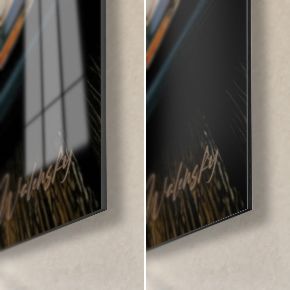 Tableau chopes de bière ambrées, coin bas droit : verre acrylique brillant à gauche, alu Dibond noir mat à droite, tranche de 3 mm