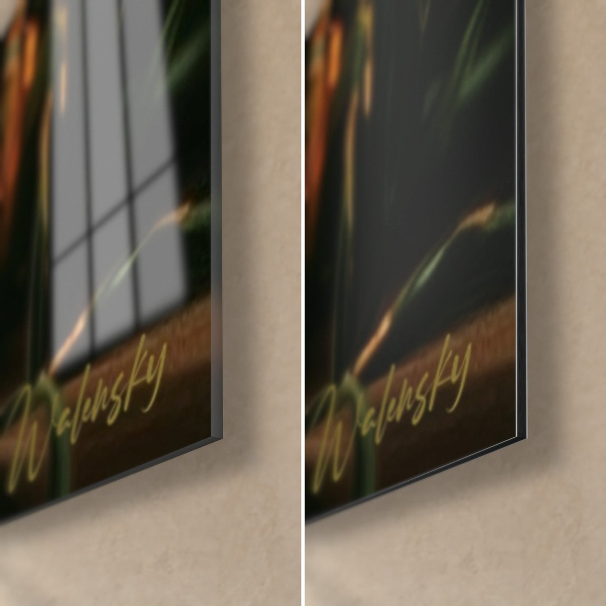 Tableau bière dorée, coin bas droit : verre acrylique brillant à gauche, alu Dibond mat à droite, tranche de 3 mm, signature Walensky