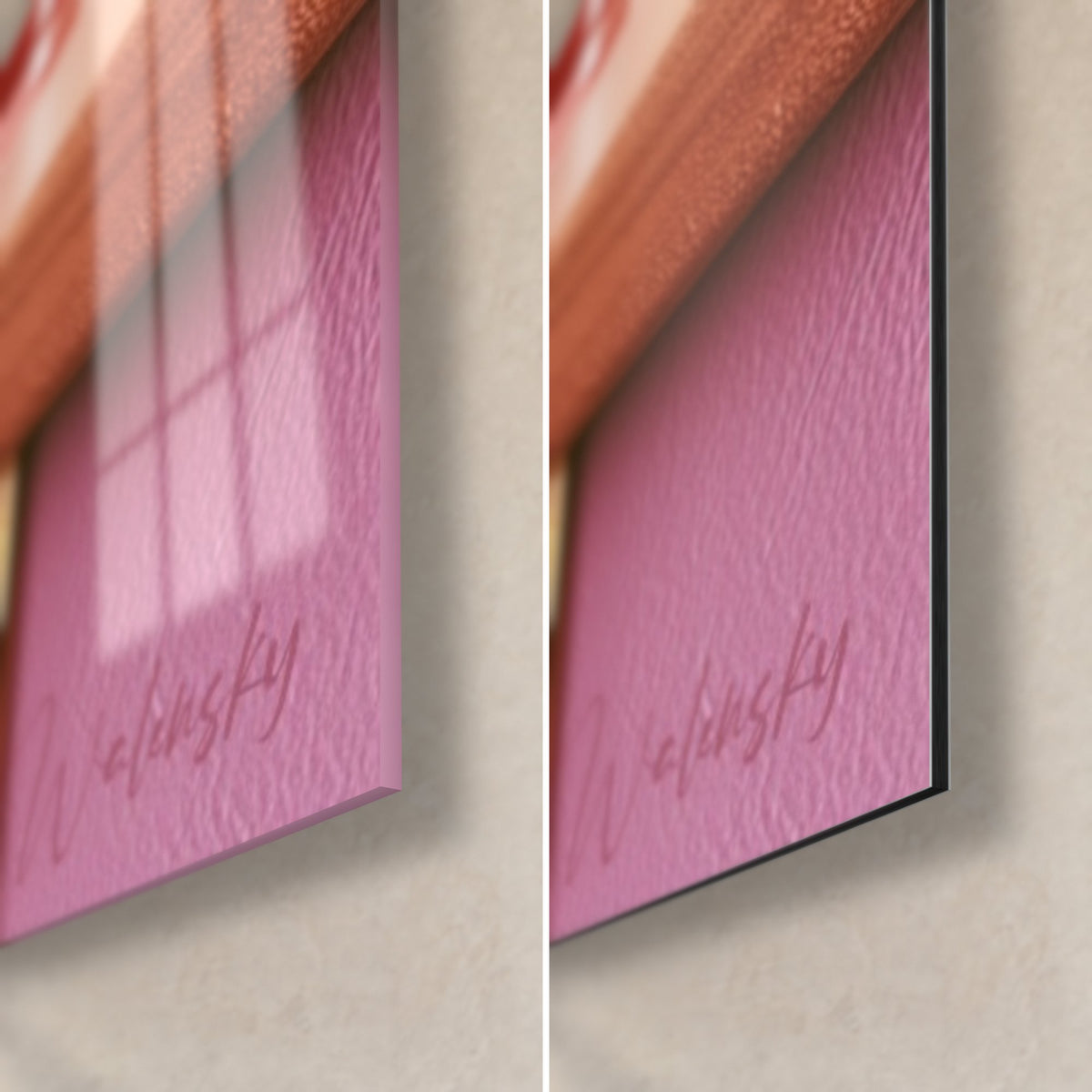 Quadro di tre boccali di birra colorati, angolo in basso a destra: vetro acrilico lucido con riflessi, Dibond rosa opaco, bordo di 3 mm visibile