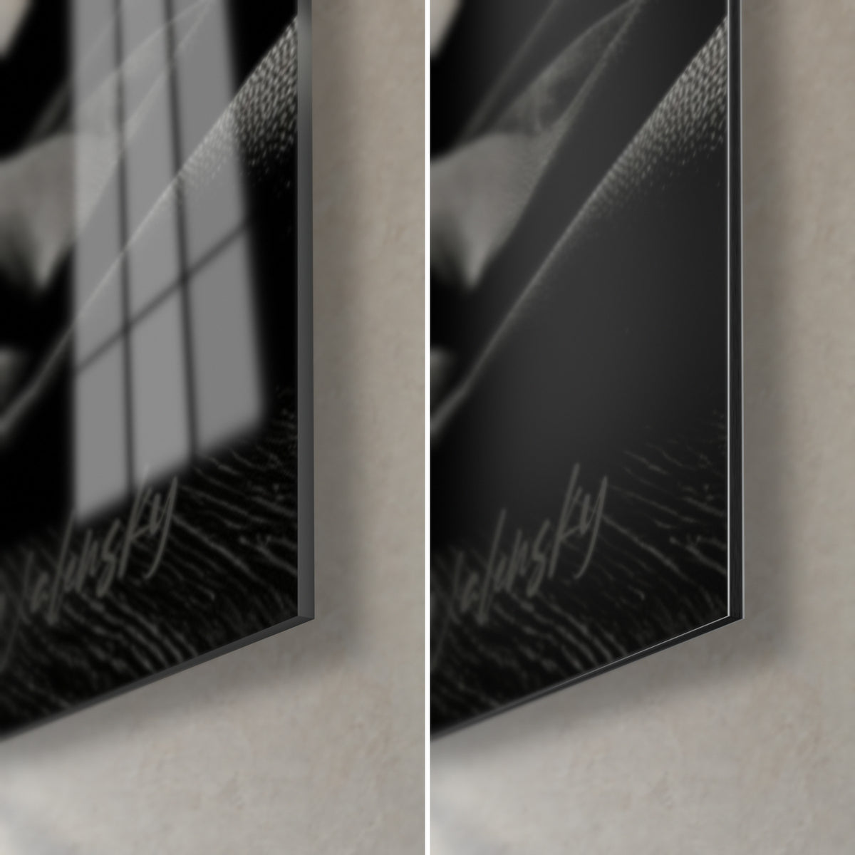 Tableau bière dans un verre à la mousse crémeuse, coin bas droit : verre acrylique brillant à reflets, alu Dibond noir mat, tranche de 3 mm