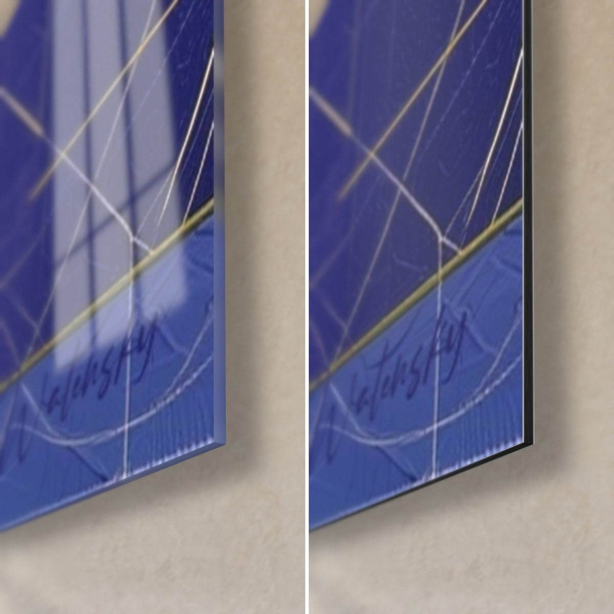 Wall art beer in yellow and cobalt blue blocks, lower right corner, glossy acrylic glass with 3 mm edge on matte Dibond