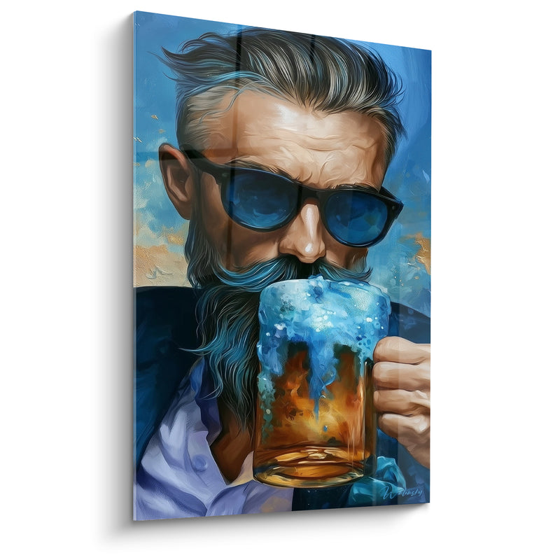 Tableau Homme barbu bleu et ambré aux lunettes réfléchissantes - Chemise blanche entrouverte - Edition Bière
