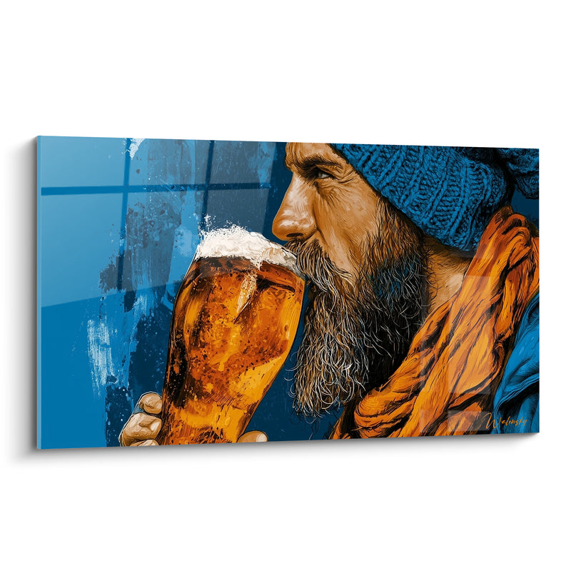 Tableau Homme bonnet bleu et orange savourant sa pinte - Écharpe à franges rousses - Edition Bière