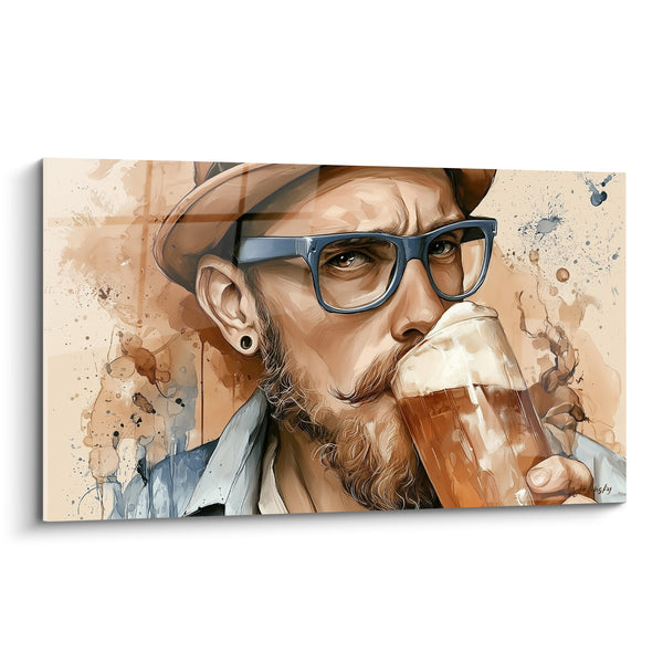 Cuadro Hombre barbudo con gafas azules bebiendo una jarra - Trago saboreado - Edición Cerveza