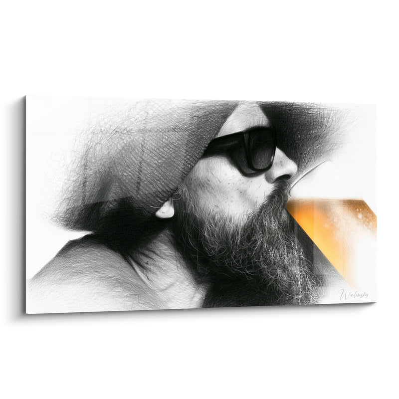 Tableau Homme barbu noir et blanc bonnet en laine - Verre incliné doré - Edition Bière