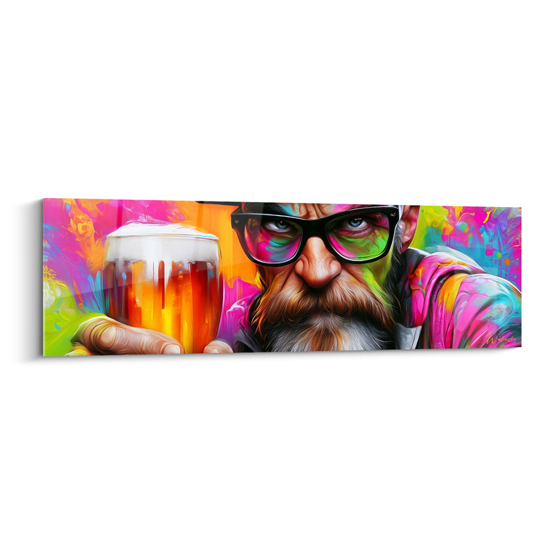 Tableau Homme barbu rose et vert aux lunettes noires - Regard perçant et sourcils froncés - Edition Bière