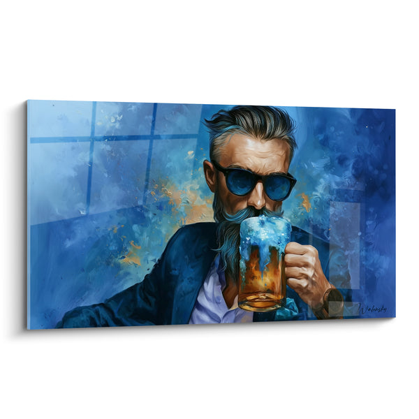 Cuadro Hombre Barba Azul y Dorado con Gafas Bebiendo - Reloj en la Muñeca - Edición Cerveza