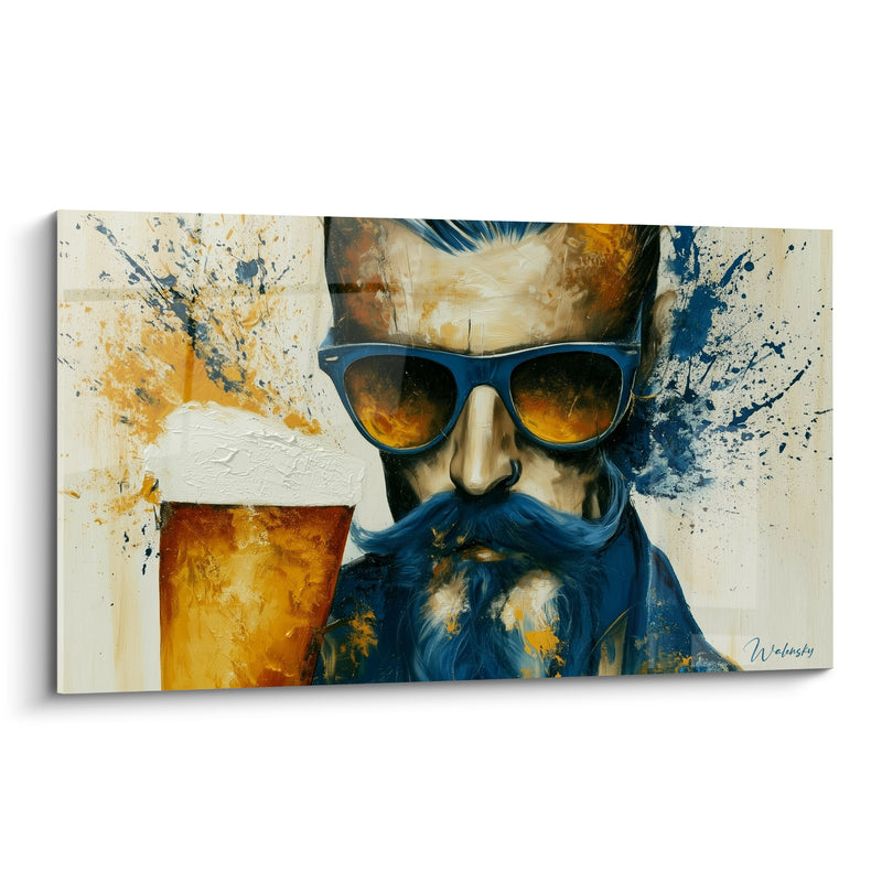 Tableau Homme barbu bleu et doré aux éclaboussures d'encre - Lunettes reflétant la mousse - Edition Bière