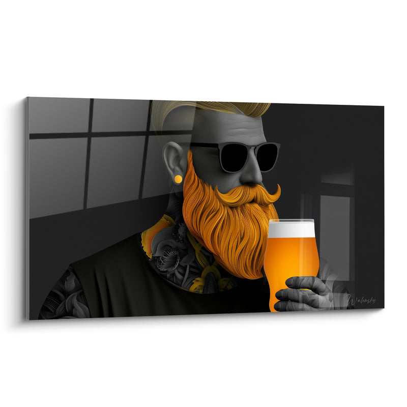 Tableau Homme barbu gris et orangé au verre - Pause du connaisseur - Edition Bière
