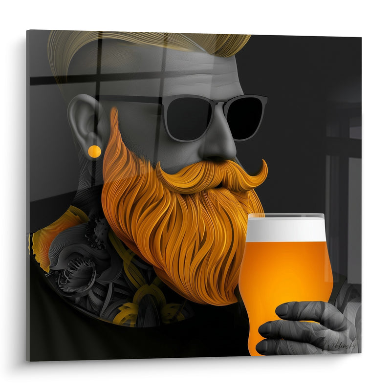 Tableau Homme barbu gris et orange à bière - Pause du brasseur - Edition Bière