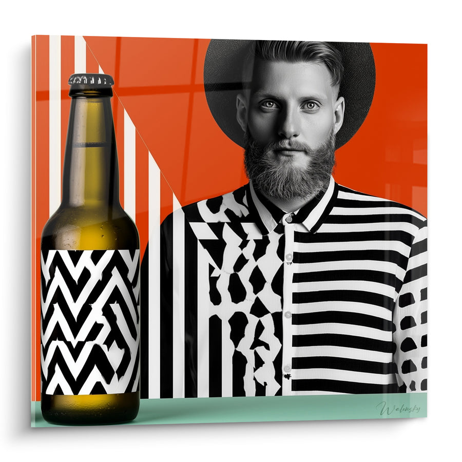 Tableau Homme barbu bouteille orange et noir - Allure graphique urbaine - Edition Bière