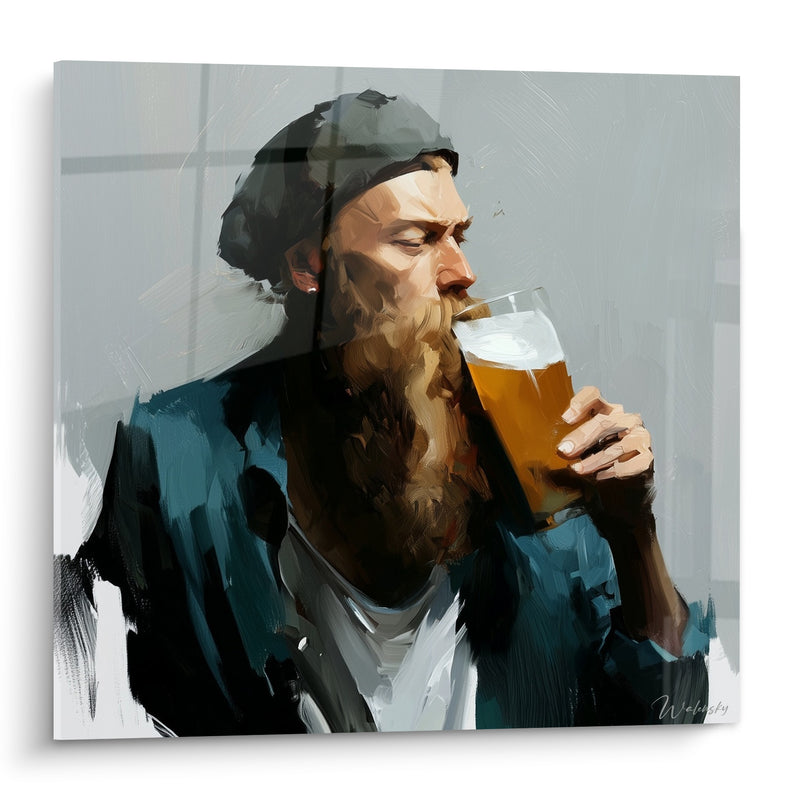 Tableau Homme barbu buvant un verre ambré - Première gorgée - Edition Bière
