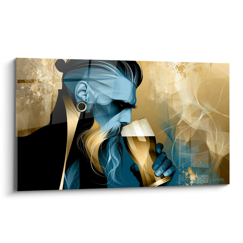 Tableau Homme barbu bleu et doré savourant une pinte - Gorgée de plénitude - Edition Bière