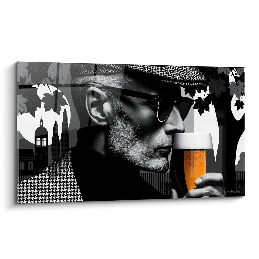 Tableau Homme barbu casquette noire et blanche silhouette urbaine - Profil au verre ambré - Edition Bière