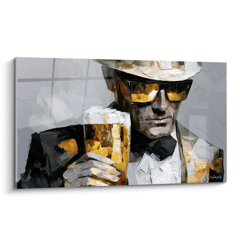 Tableau Homme au feutre blanc et doré tenant une chope - Nœud papillon élégant - Edition Bière