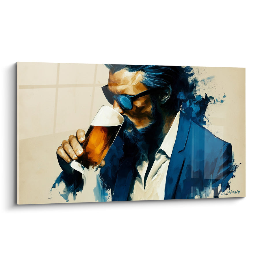 Tableau Homme barbu bleu marine et ambré en costume - Lunettes de soleil réfléchissantes - Edition Bière