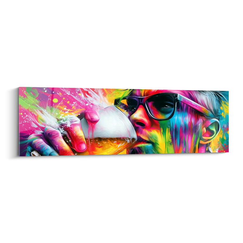 Tableau Homme lunettes noires buvant chope multicolore - Gorgée festive - Edition Bière