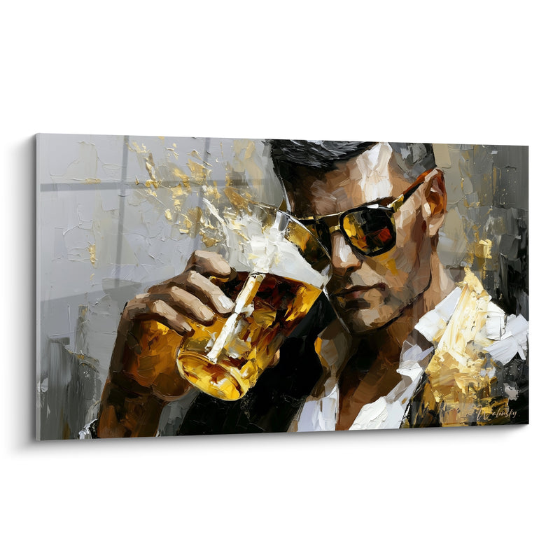 Tableau Homme lunettes miroir chemise blanche et dorée - Cheveux noirs coiffés - Edition Bière