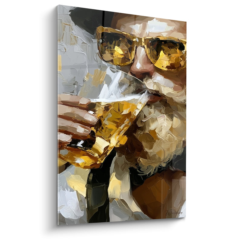 Tableau Homme lunettes dorées et grises buvant une pinte - Barbe blonde bouclée - Edition Bière