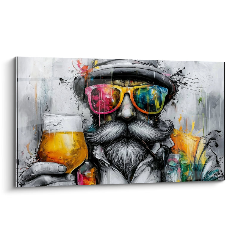 Tableau Homme moustachu gris et doré verre levé - Trinquer avec malice - Edition Bière