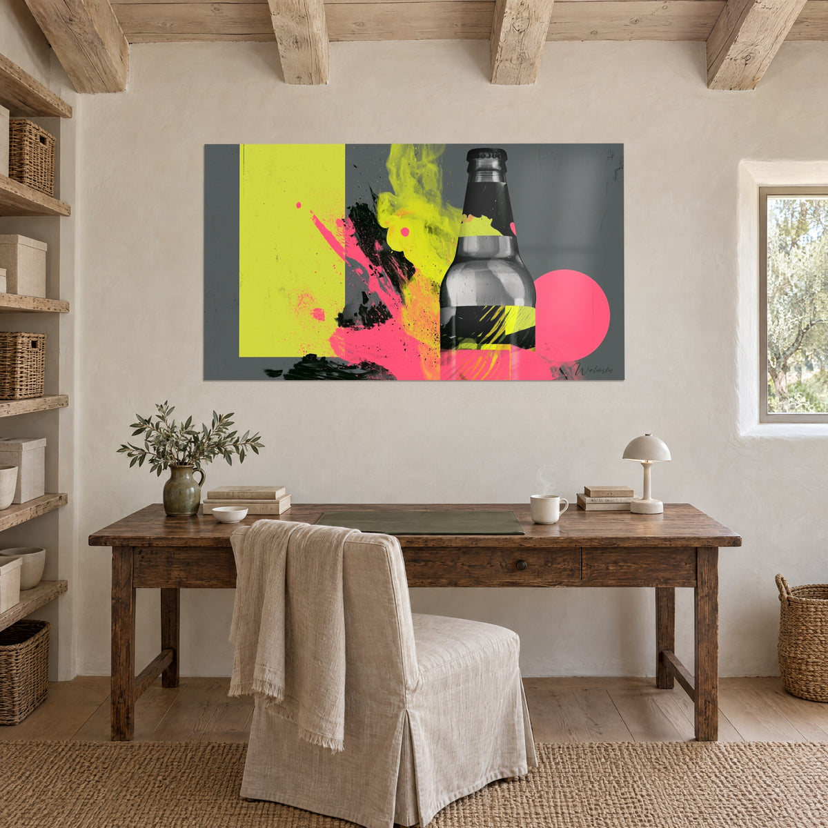 Wall art graphic beer poster, neon yellow rectangle and pink circle on grey, raw wood desk, country house
