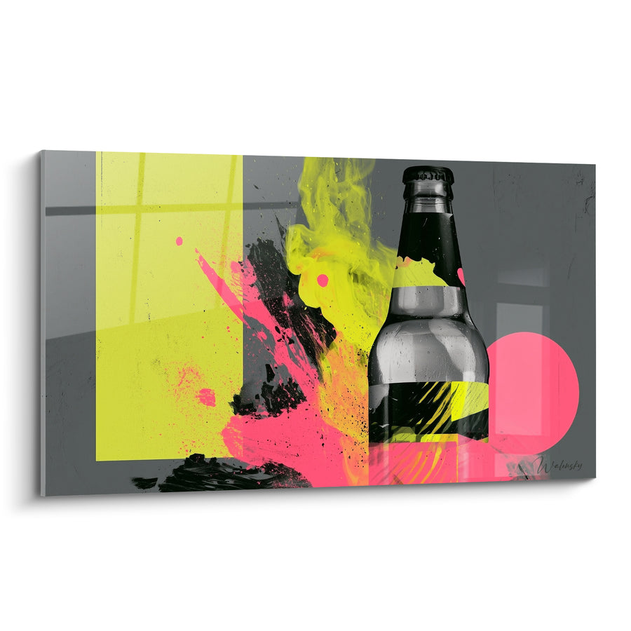Tableau Bouteille grise éclaboussée de jaune fluo et rose - Cercle rose géant - Edition Bière
