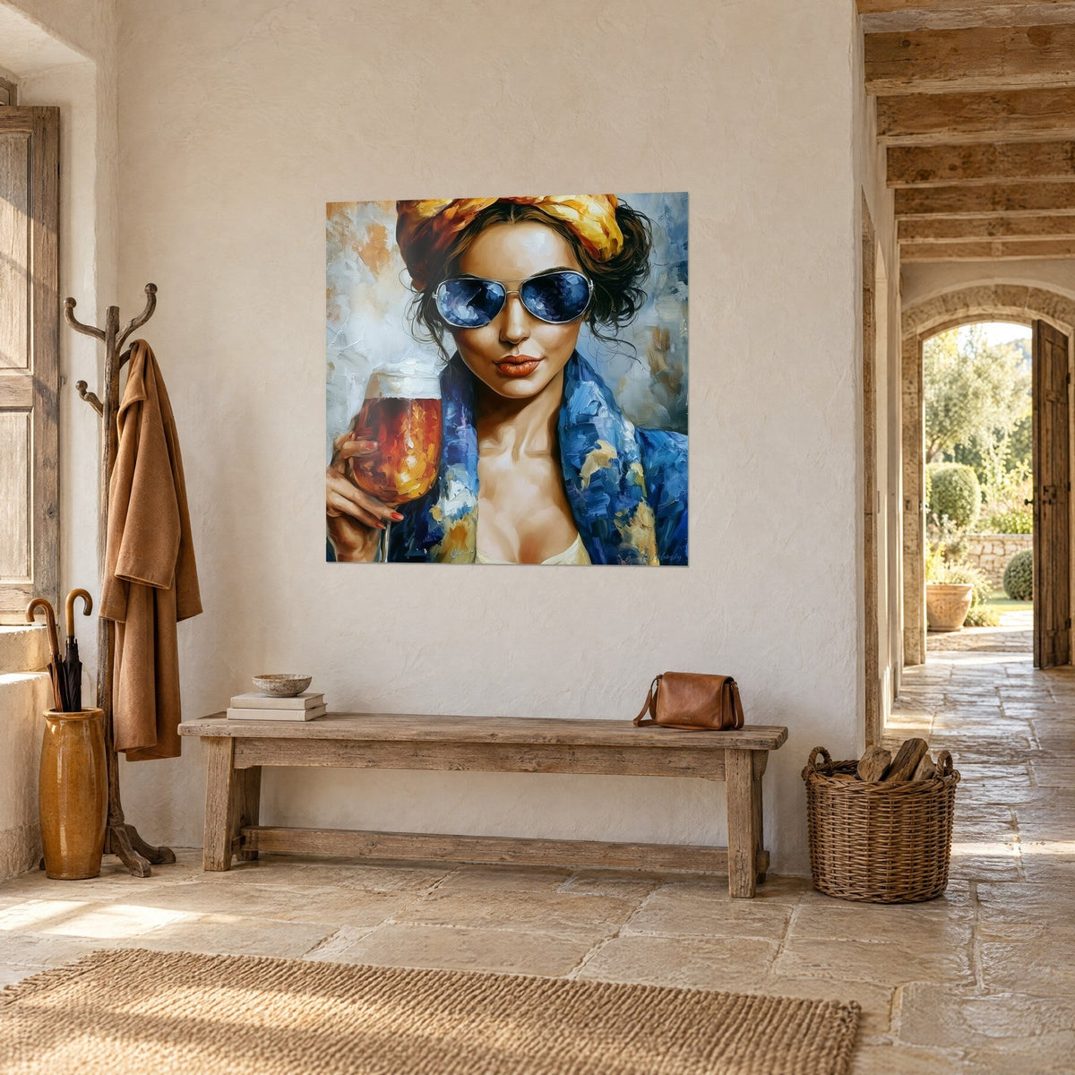 Quadro di una bevitrice di birra dallo sguardo velato, labbra arancioni e giacca blu cobalto, in tre quarti in un ingresso in pietra