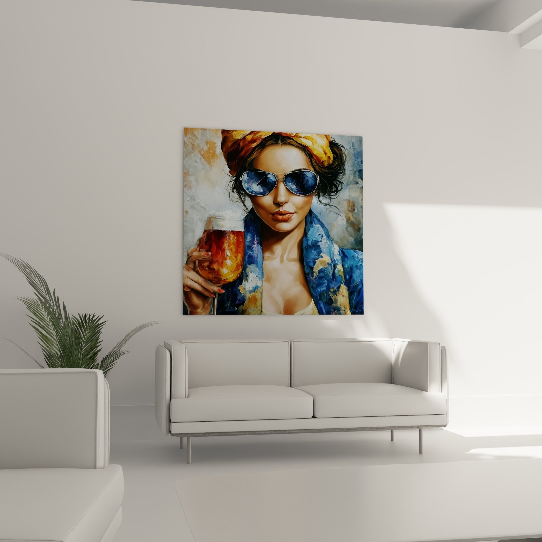 Femme au turban ocre buvant une bière ambrée, suspendue au-dessus d'un canapé dans un salon lumineux