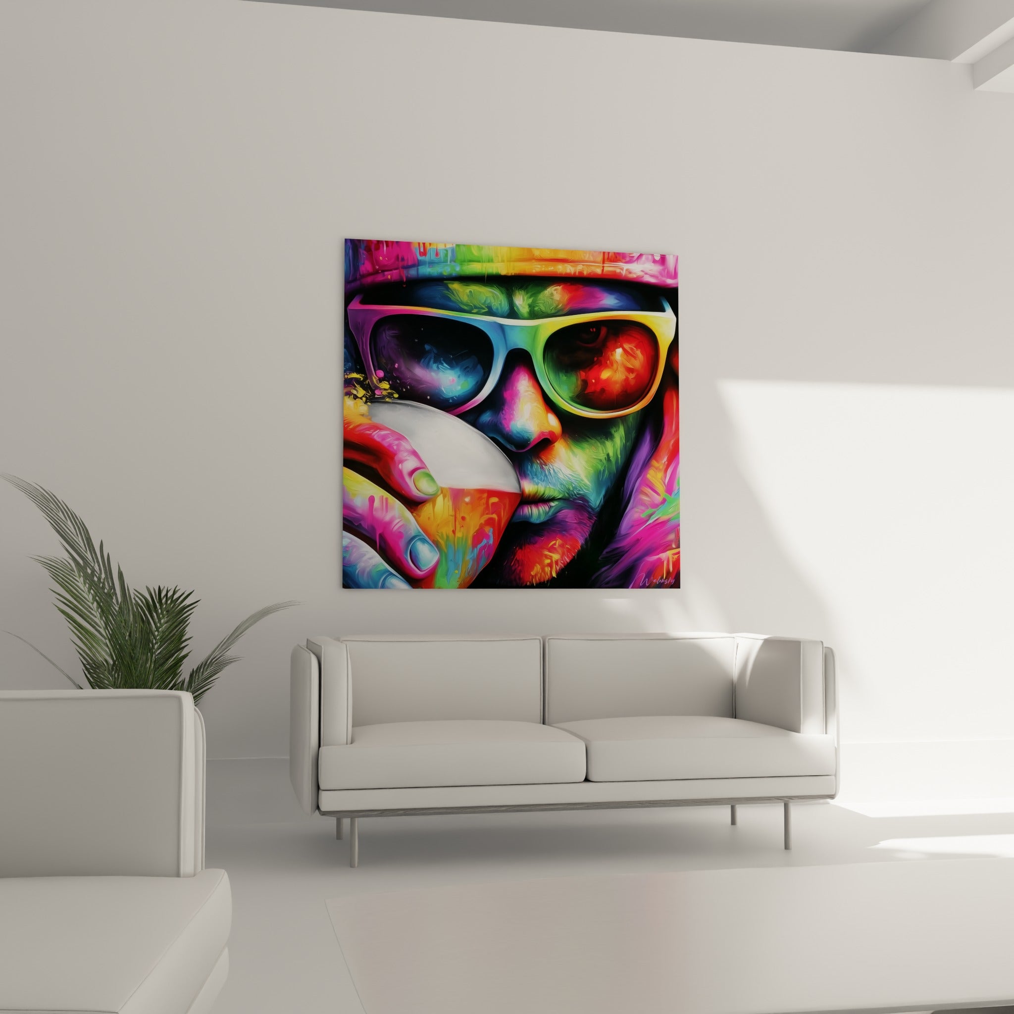 Visage vibrant rouge et turquoise d'un homme buvant une bière colorée au-dessus d'un canapé dans un salon lumineux