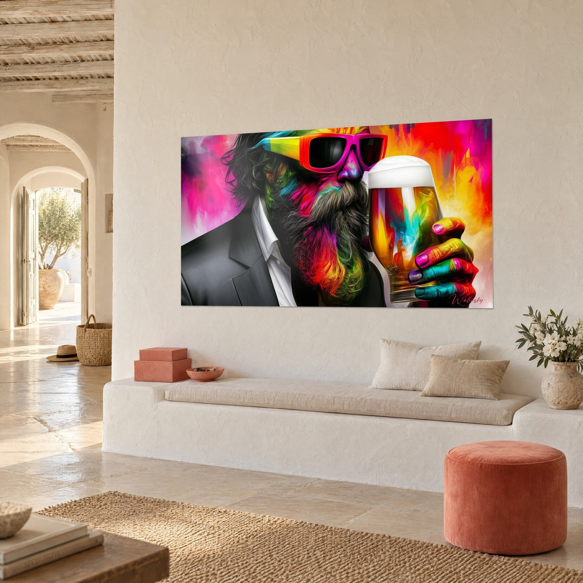 Pop art wall art portrait of a beer drinker with a rainbow beard and grey jacket, yellow and fuchsia splashes, in a corner of a white house