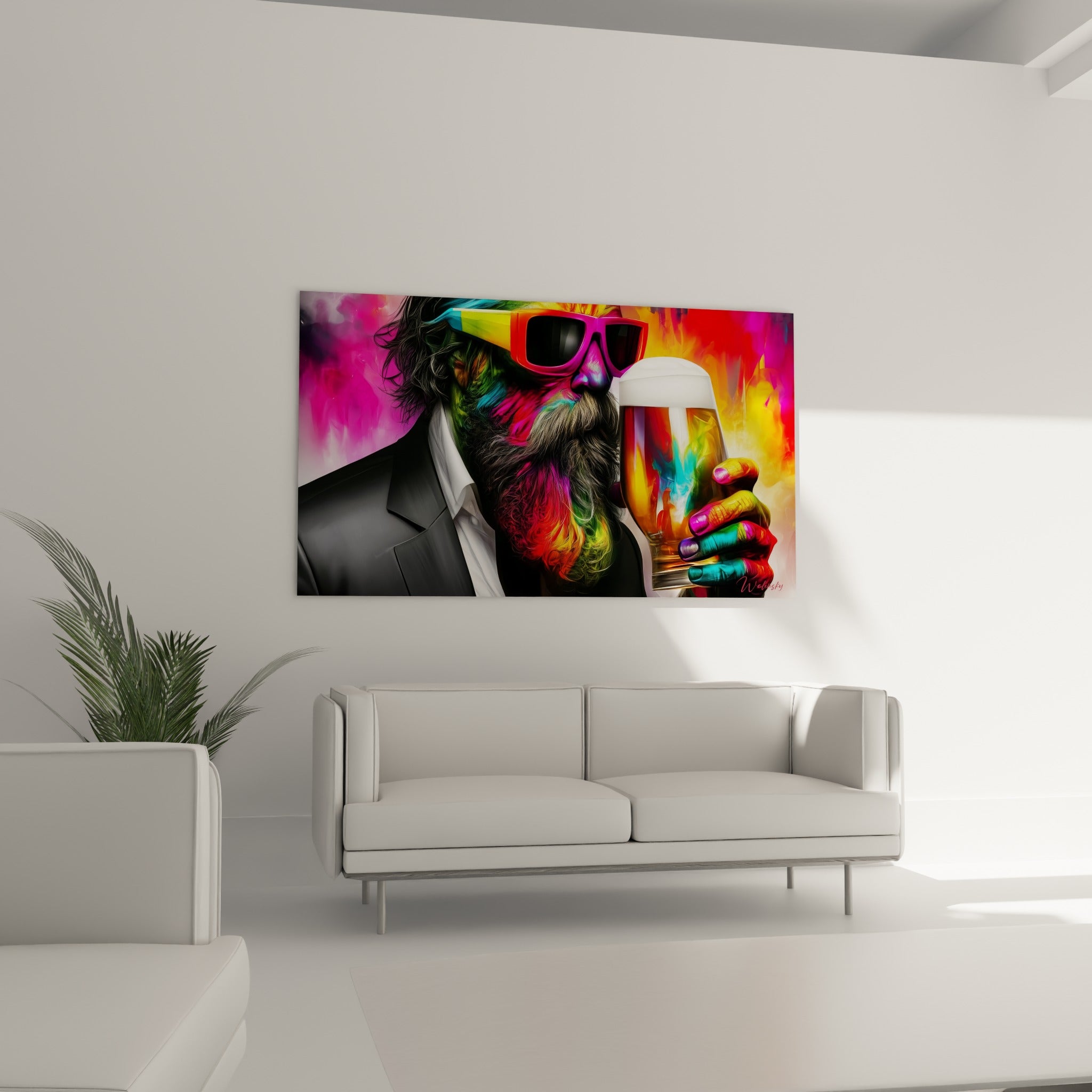 Silhouette costumée à lunettes roses et barbe arc-en-ciel, tableau au-dessus d'un canapé dans un salon lumineux