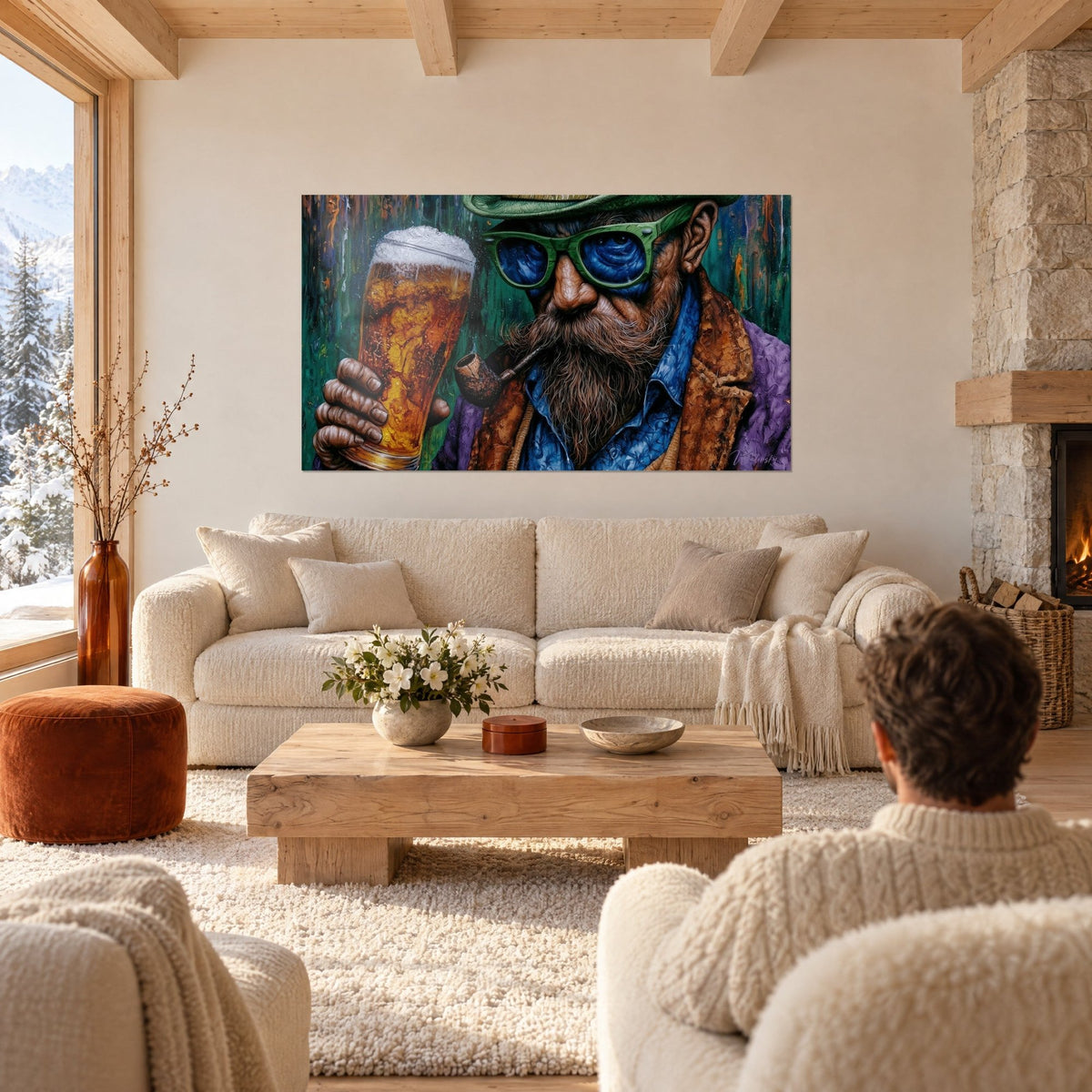 Gemälde eines bärtigen Mannes mit schäumendem Bierkrug, grüner Brille und kupferfarbener Jacke, zwei Personen von hinten über einem Sofa in einem hellen Wohnzimmer