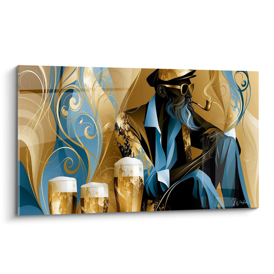 Vieux marin en tableau Bière doré et bleu, pipe à la bouche devant trois chopes mousseuses